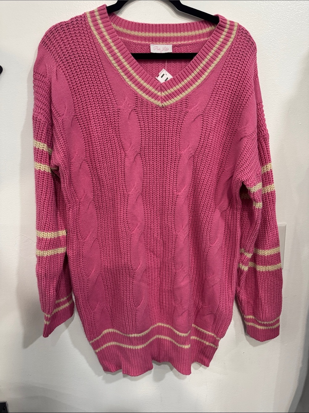 Pink Lily Bright Pink V-Neck Cable Knit Sweater with Cream Stripes